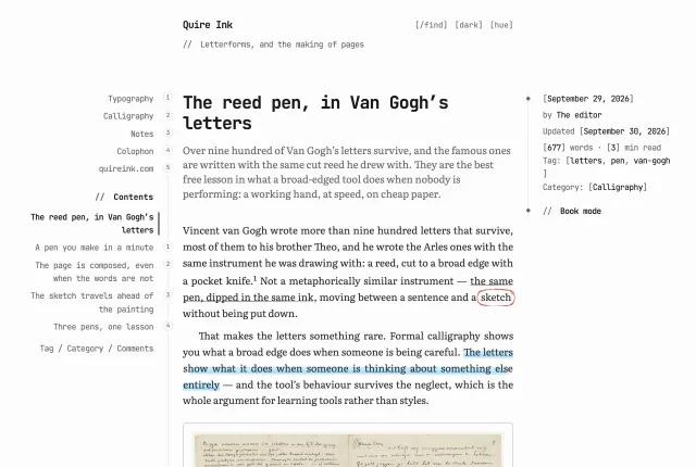 The source code look: the headline set in a bold monospace over a serif paragraph, the strapline behind a double slash, and the header controls written as bracketed words
