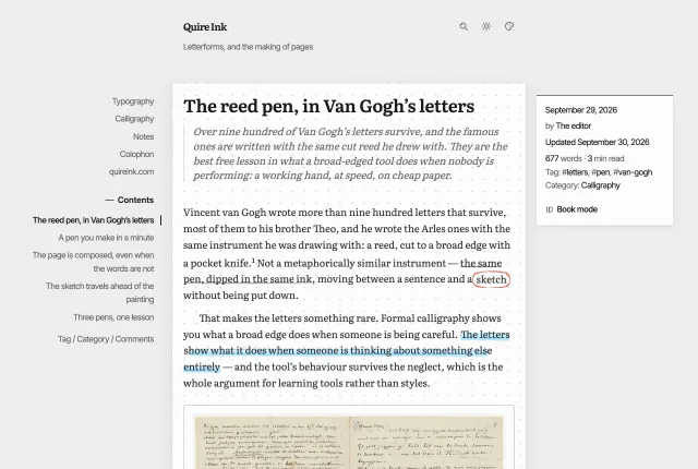 The notebook look: the post on a sheet of dot-grid paper lying on a grey desk, beside a square index card